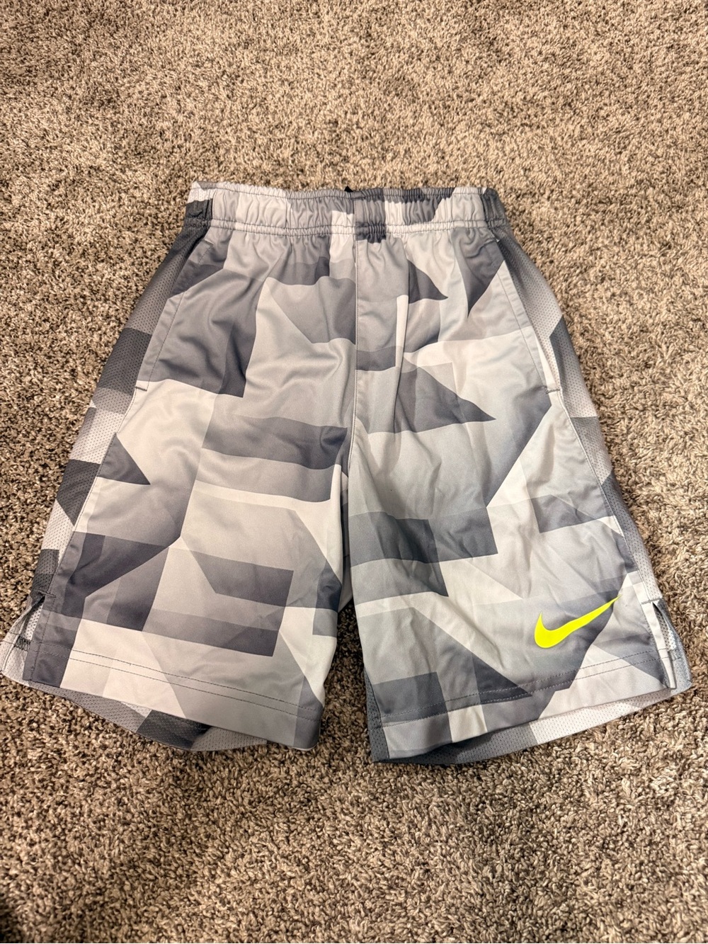 Nike Boys Gray Geometric Athletic Shorts with Neon Yellow Swoosh